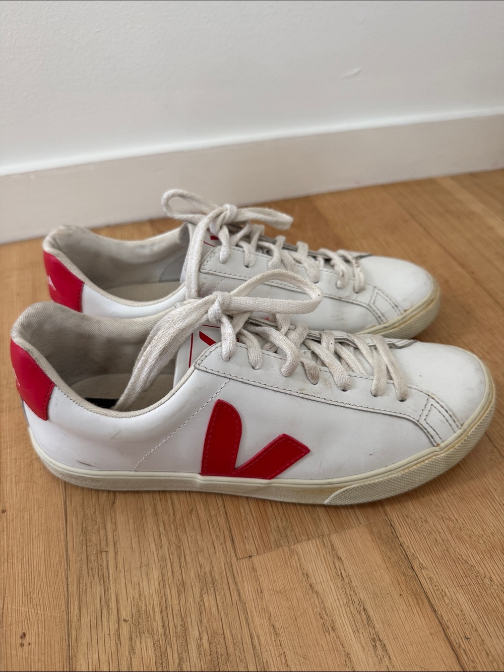 Veja White Leather Sneakers with Red V Logo
